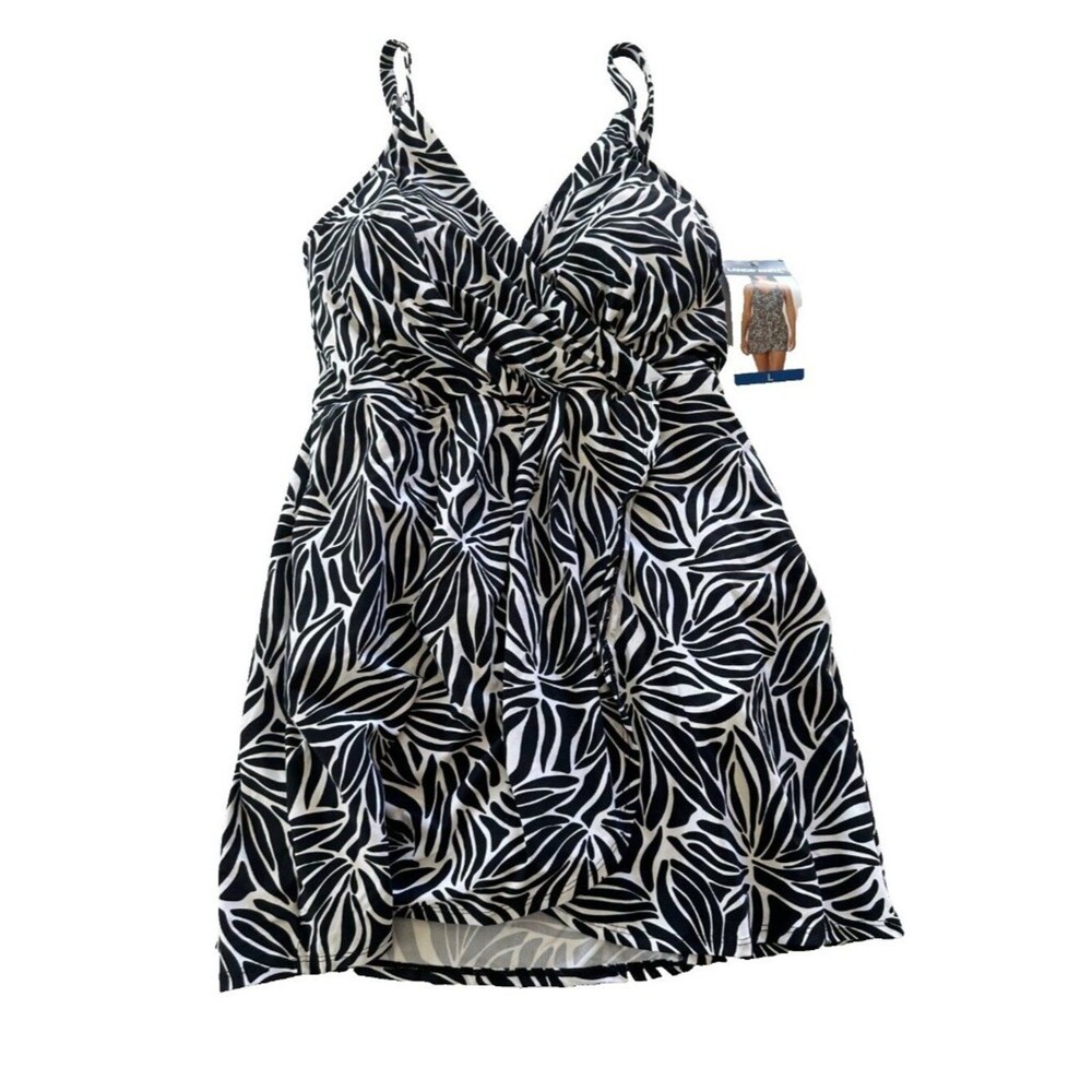 Lands End LG Tulip Wrap Swim Dress One Piece Black White Floral NEW